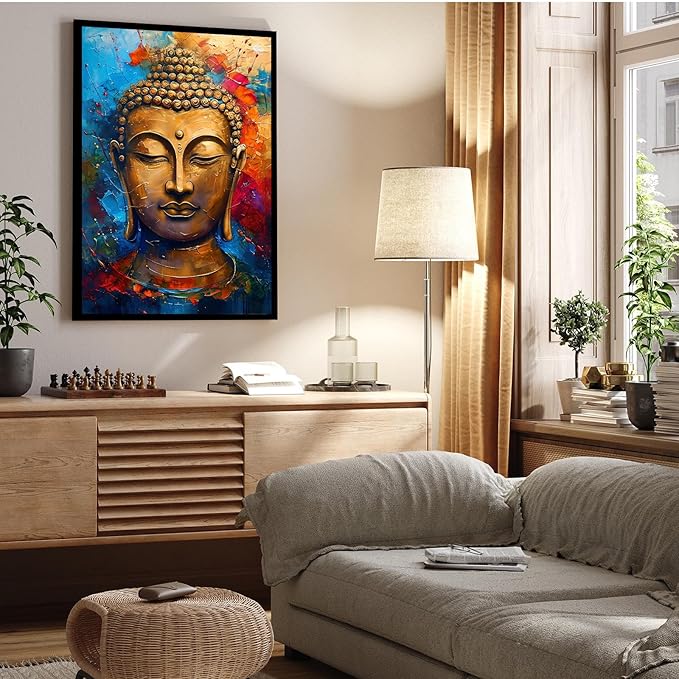 Golden Serenity Buddha Vintage Painting Wall Art Spirituality and Modern Art Wall Decor Adds Brilliance to Vibrant Home Decor 16x24in Metal blackFramed