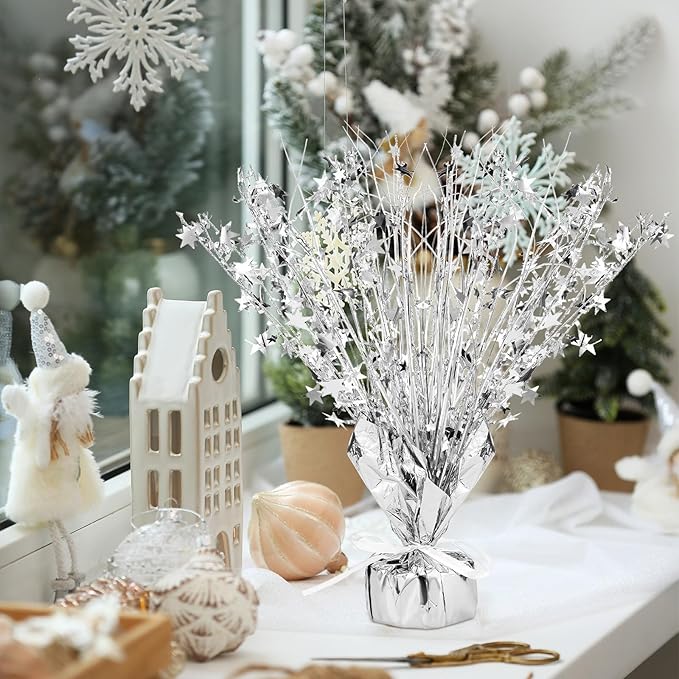 Crowye 3 Pieces Metallic Foil Spray Centerpiece Christmas Party Star Table Decoration Burst Centerpieces Fall Table Decor for Birthday New Year 2026 Party Holiday(Silver)