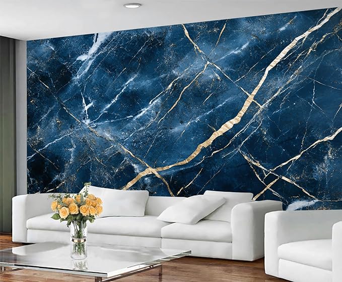 Blue Marble Wall Mural, Gold Vein Marble 3D Wall Murals, Luxury Navy Stone Wallpaper Mural, for Living Room Bedroom Large Wallpaper Indoor Decor 197" W x124.8 H