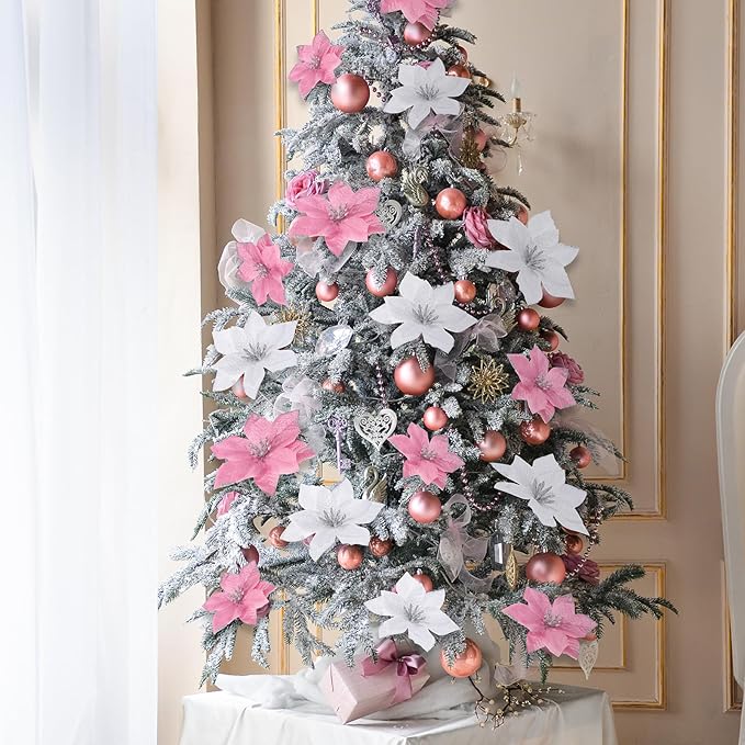 WILLBOND 24 Pcs 3 Size Poinsettia Flower Artificial Christmas Decor Glitter Poinsettia Christmas Ornaments Faux Flowers for Xmas Tree Outdoor(3.2/4/6 Inches,Pink and Silver)