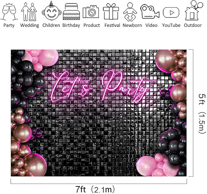 Riyidecor Let's Party Backdrop Modern Disco 80s Black Neon Pink Plaid Checkered Balloons Fashion Shinning Groovy 7Wx5H Feet Girls Photography Background Birthday Photo Studio Shoot Polyester Fabric