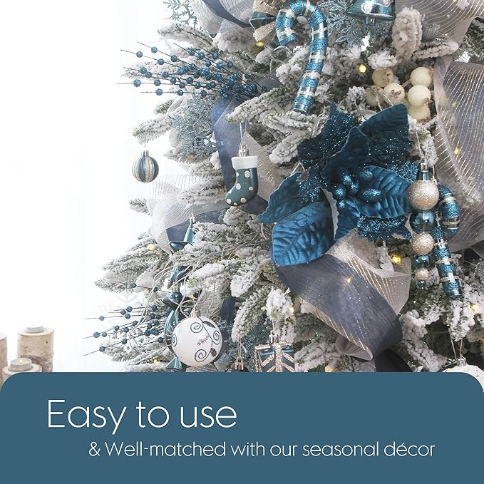 Sea Team 24-Pack Artificial Glitter Berry Stem Ornaments, Decorative Bead Sticks, Glittery Twigs, Picks, Branches for Christmas Tree, Small Vase, Holiday, Wedding, Party (17 Inches, Stone Blue)