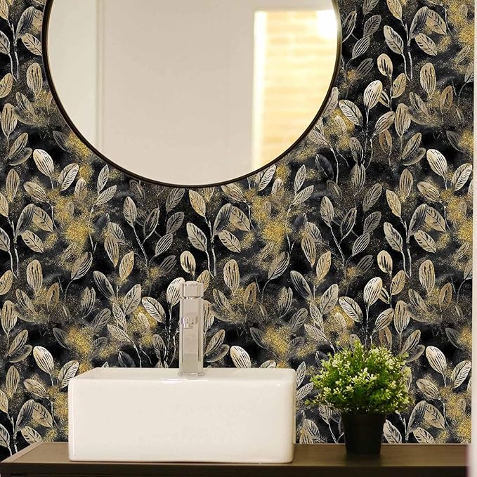 Modern Black and Gold Floral Leaf Peel and Stick Wallpaper Removable Dark Art Deco Self Adhesive Vinyl Contact Wall Paper for Bathroom Renter Friendly Wallpaper 17.7" X 124"