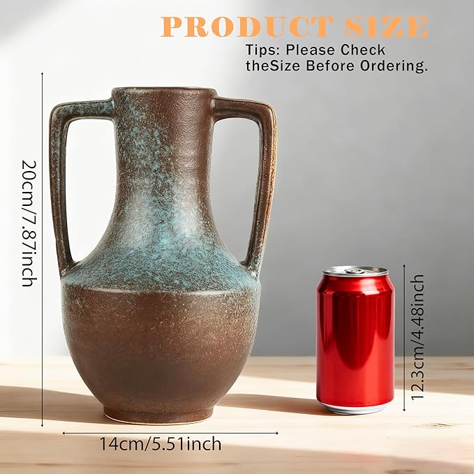 Ceramic Flower Vase with Handles,7.8" Tall Vase for Centerpieces,Large Decorative Terracotta Vases, Farmhouse Rustic Pottery Vase for Home Decor Living Room,Table,Shelf or Mantel