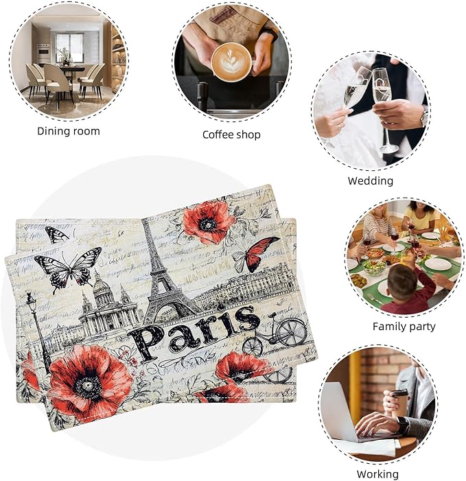 Paris Placemats Set of 4, French Eiffel Tower Place Mats, Poppies Dining Table Mats, Retro Washable Placemats for Kitchen Dining Room Home Decor 18L'' × 12W''