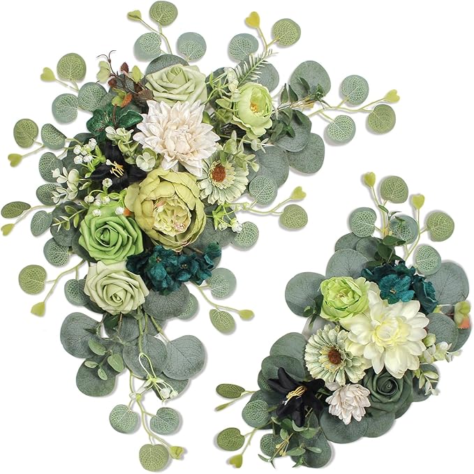Artificial Wedding Arch Flowers for Wedding Sign,Set of 2 for Wedding Welcome Ceremony Sign,Faux Floral Swags,Wedding, Banquet and Reception Backdrop Floral Decoration (Dark Green)