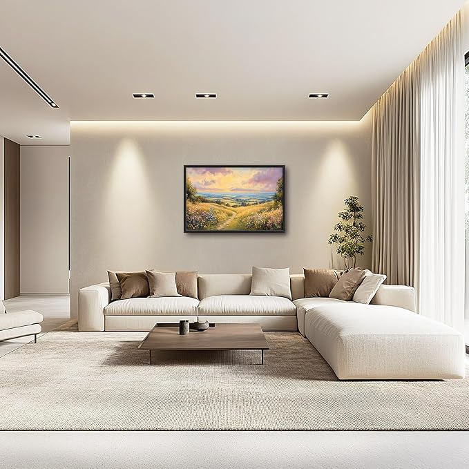 Framed Large Landscape Wall Art for Living Room, Oversized Farmhouse Countryside Nature Wall Decor Wildflower Field Canvas Painting Floral Pictures Modern Artwork for Bedroom Office 36"x24"