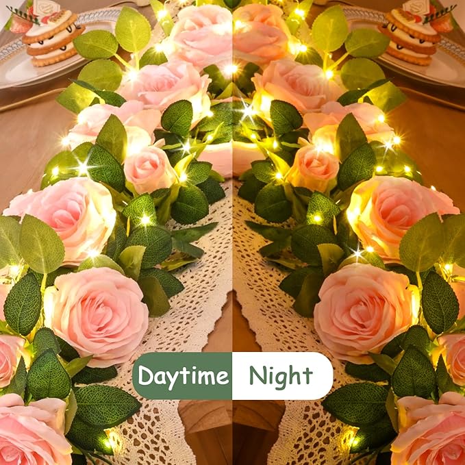 4 Pcs Flower Garland with 39.2 Ft Lights, 26.4 Ft Pink Floral Garland Fake Flowers for Wedding Arch Party Wall Garden Room Decor