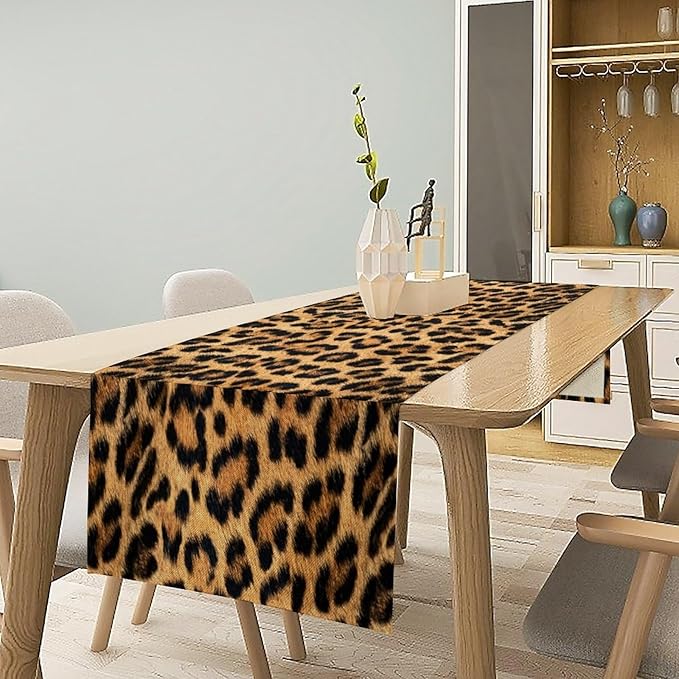 Leopard Skin Print Table Runner, Vintage Cottage Country Farmhouse Wildlife Brown Safari Animal Skin Dinner Runner for Home Kitchen Dining Table Party Holiday Decor 13x90in
