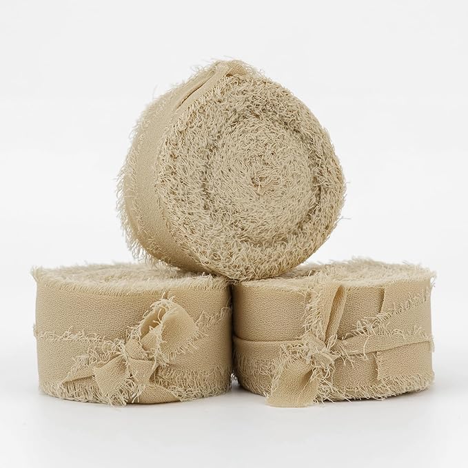 MEEDEE Khaki Chiffon Ribbon 1 Inch Fringe Ribbons Cream Chiffon Silk Frayed Edge Ribbon Thin Chiffon Ribbons for Crafts, Gift Wrapping, Wedding Invitation (3 Rolls 21 Yards)