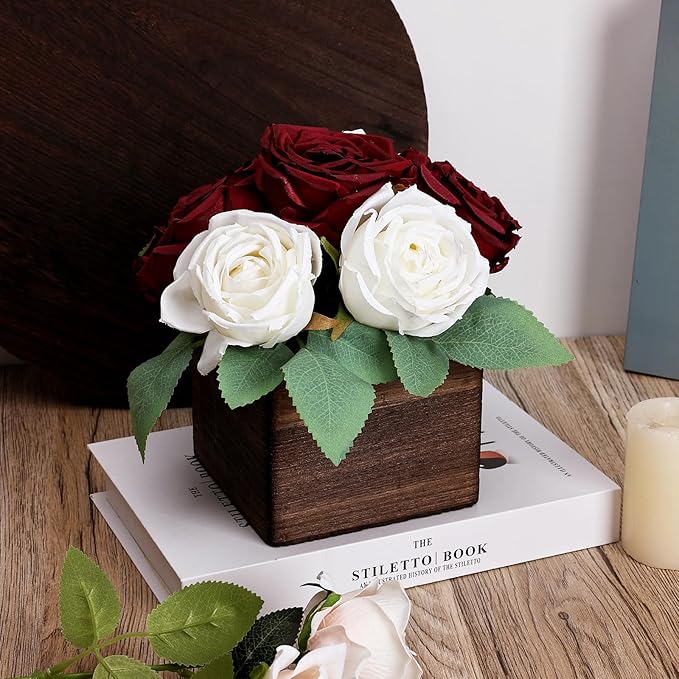 Dining Table Centerpiece Set of 3 - Pre-Made Aritifial Rose with Wooden Vase Fake Floral Arrangment Faux Flower for Wedding Bridal Tea Party Event Decorations - Burgundy & White