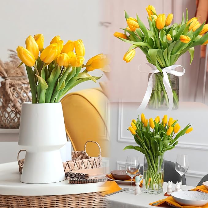 Sggvecsy 15 Pcs Fake Tulips Artificial Flowers Real Touch PU Faux Flowers Tulip Stems for Wedding Spring Bouquet Floral Arrangement Home Party Office Decorations for Mother's Day (Dark Yellow)