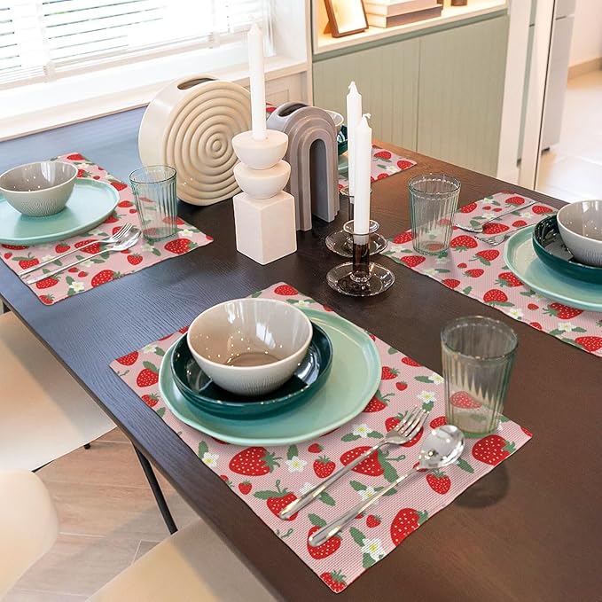 Fruit Linen Placemats Set of 4 Pink Strawberry Placemats for Indoor Outdoor Party Home Desktop Kitchen Dining Room Decor 12x18 Inch