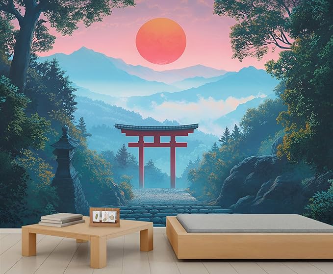 KIREUPA Japanese Torii Gate Wall Mural, Sunrise Mountain Landscape 3d Wall Murals, Zen Nature Art Wallpaper Mural, for Living Room Bedroom Large Wallpaper Indoor Decor 78.7" W x55.1 H