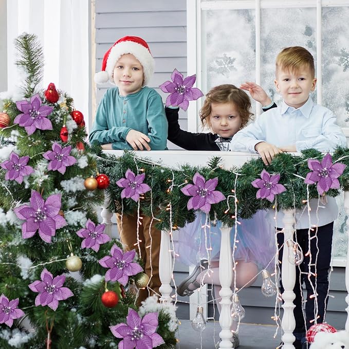 WILLBOND 24 Pcs 3 Size Poinsettia Flower Artificial Christmas Decor Glitter Poinsettia Christmas Ornaments Faux Flowers for Xmas Tree Outdoor(3.2/4/6 Inches,Purple)
