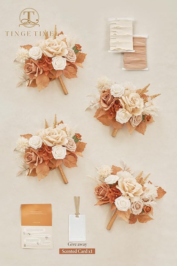 TINGE TIME 7inch Wedding Bouquets for Bridesmaid, Artificial Flowers Cascading Bridal Bouquet for Wedding (Burnt Orange & Champagne, Set of 4)