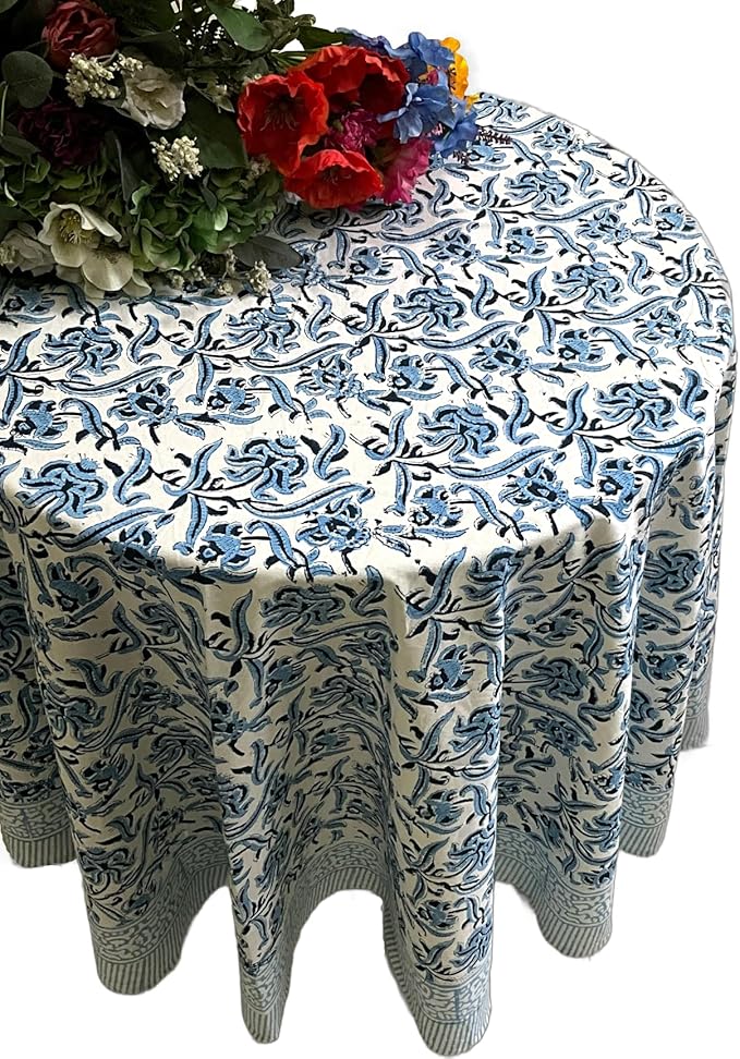ATOSII Midnight Bloom 100% Cotton Round Tablecloth, Handblock Print Floral Table Cloth for Kitchen Dining Linen I Parties, Weddings, Outdoors, Thanksgiving, Christmas I 72" Inches Round