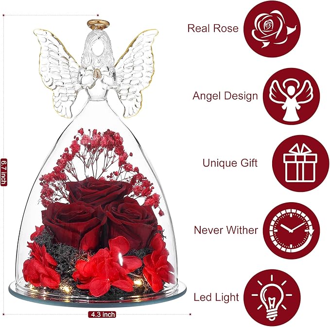 Mothers Day Rose Gifts Glass Angel Figurine with Three Roses Gifts, Preserved Forever Real Rose Gifts for Women, Angel Guardian with Rose for Mothers Day - Wine Red