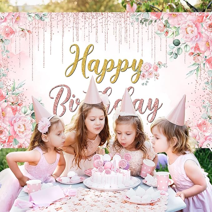Avezano Happy Birthday Backdrop Banner for Girls Women Happy Birthday Banner Floral Glitters Happy Bday Background Party Supplies 70.8 x 43.3 Inch
