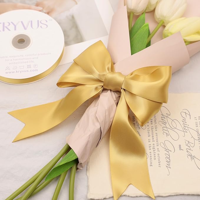 Light Gold Satin Ribbon, Double Faced 2 Inch X 25 Yards Light Gold Ribbon, Premium Satin Ribbon for Gift Wrapping, Crafts, Hair Bow Making, Sewing, Flower Bouquet, Wedding Party Decor