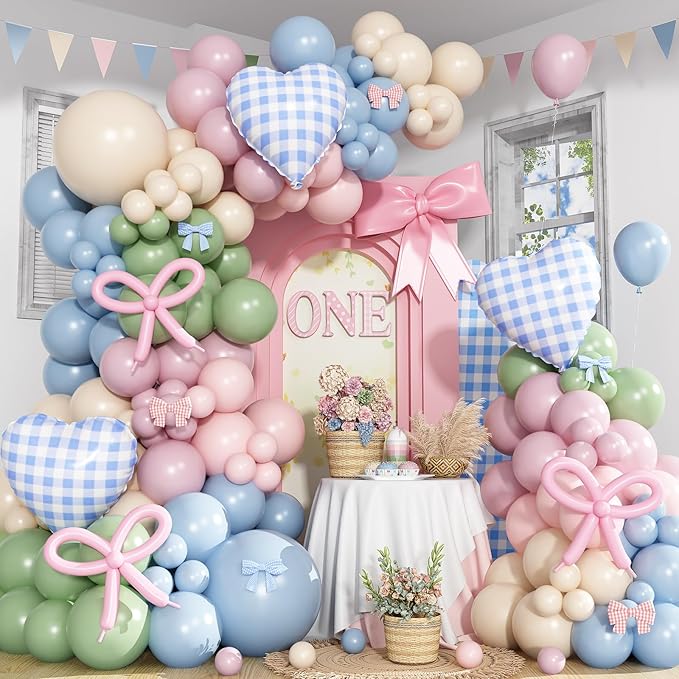 Silly Goose Balloon Arch Kit, Pink Blue Green Latex Balloon Garland Kit Gingham Heart Foil Balloons for Boys Girls Goose Birthday Baby in Bloom Baby Shower Floral Fairy Wildflower Party Decorations