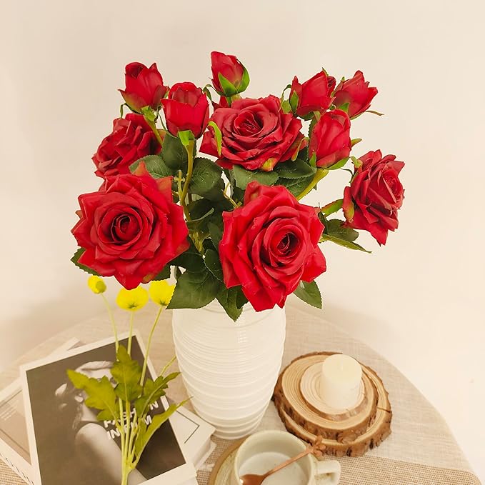 ATFL Fake Red Roses Flowers, 6 Pcs Faux Silk Real Touch Moisturizing Artificial Rose Flowers for Decoration DIY Wedding Party Home Office Decoration and Dining Table Centerpiece (6, red)