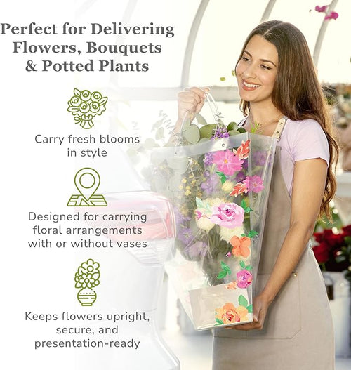 14 Reusable Floral Vase Bag for Bouquets - Portable Flower Bouquet Bags with Ventilation Holes and Ergonomic Handles, Gift-Ready, Jardin Multicolor