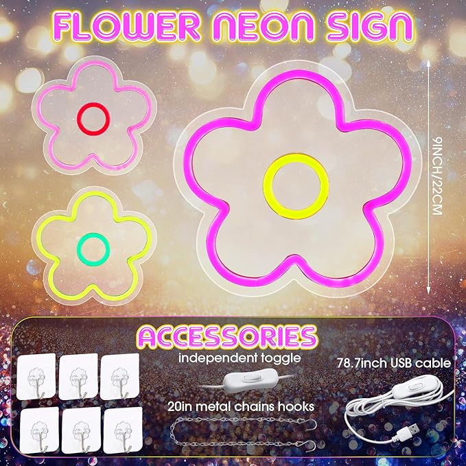 Baquler 3 Pcs Flower Neon Sign Light up Flower Sign Retro Neon LED Lights USB Powered for Wall Decor Window Bedroom Home Girls Birthday Christmas Party Decoration, 9 x 9 Inches(Stylish)