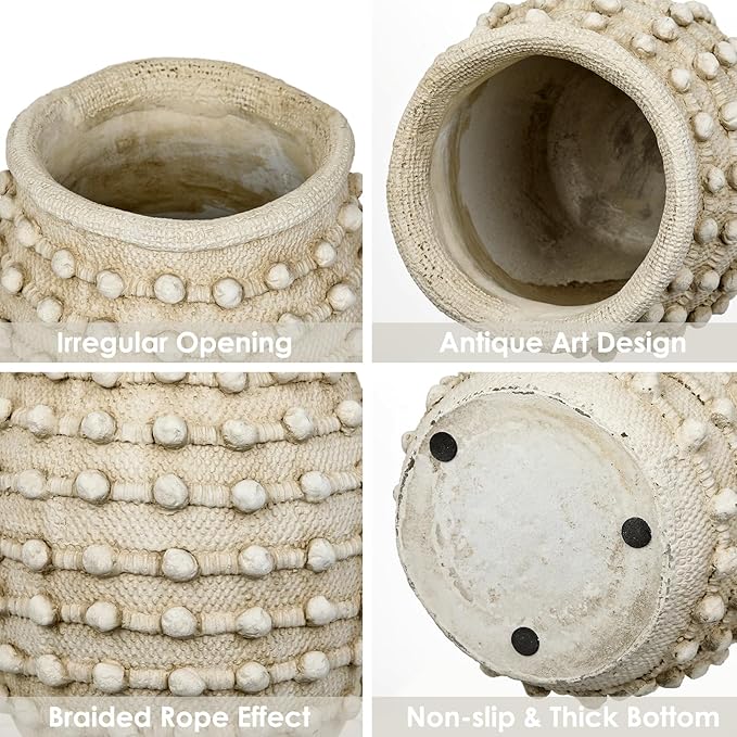 Rustic Farmhouse Vase, Boho Beige Vase for Pampas Grass Large Textured Knotted Vases for Flowers Decorative Cement Floral Vases for Home Decor, Living Room, Dining Table
