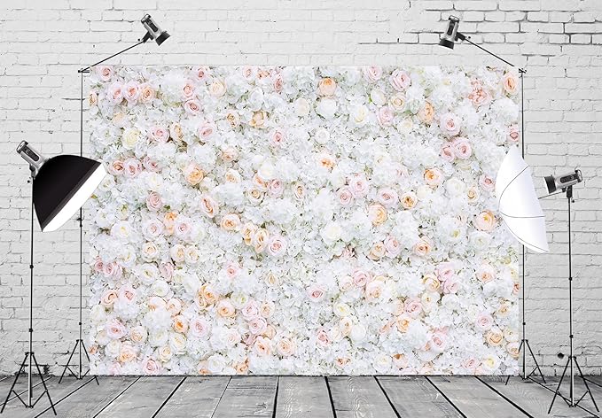 BELECO 12x8ft Fabric Flower Wall Backdrop Pink White Roses Flowers Floral Wall Background Backdrop Valentine's Day Party Engagement Newborn Baby Shower Birthday Wedding Photoshoot Studio Props