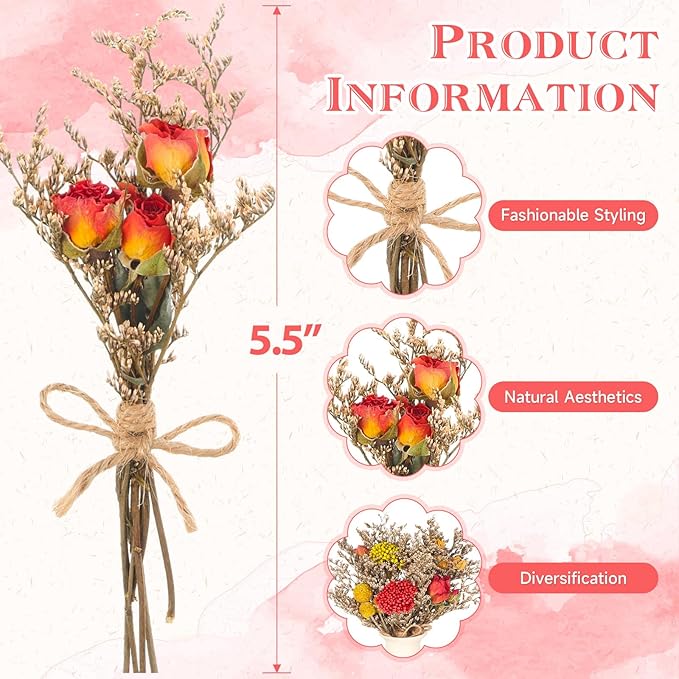 10 Pack Dried Flower Bouquets Natural Rose Billy Balls and Rice-Flower Combination Dried Embossing Flower Bundles with Stem Dried Floral Arrangement for Vase, DIY, Crafts, Wedding Party, Home Decor