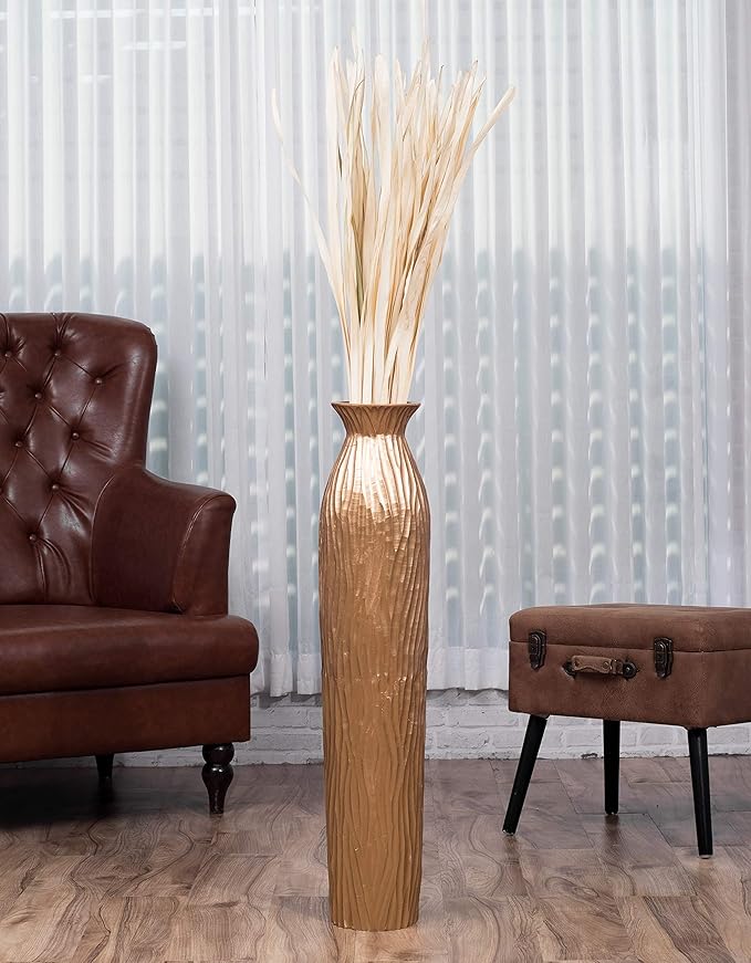 LEEWADEE Large Floor Vase – Handmade Flower Holder Made of Wood, Sophisticated Vessel for Decorative Branches and Dried Flowers, 36 inches, Golden
