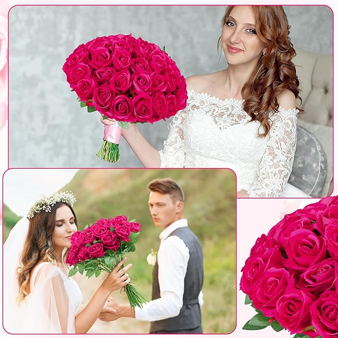 150 Pcs Roses Artificial Flowers, Silk Hot Pink Artificial Flowers Petals Long Stem Roses for Wedding Bouquet Home Party Decor