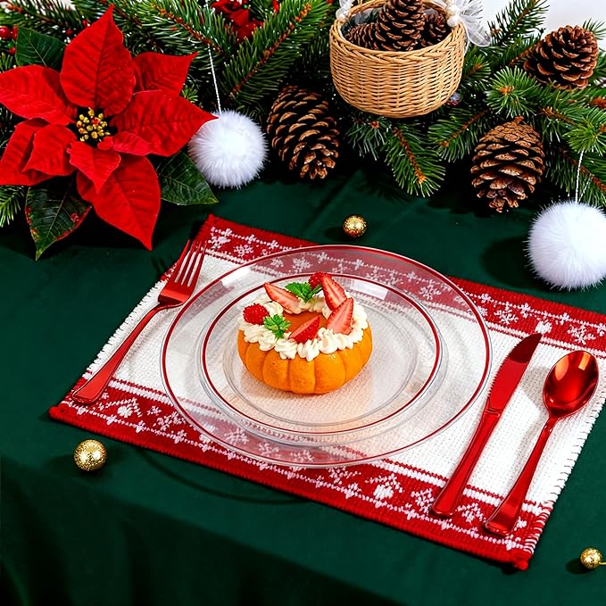SUT 350 Pcs Red and Clear Plastic Dinnerware Set for 50 Guests, Include: 50 Dinner Plates, 50 Dessert Plates, 50 Pre Rolled Napkins With Silverware, 50 Cups, Disposable Plates for Party, Christmas