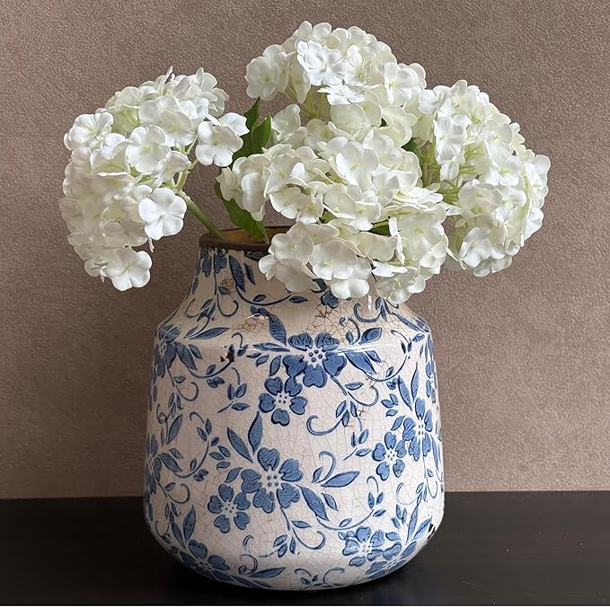 Blue and White Ceramic Vase, Vintage Floral Pottery Vase with Crackle Glaze, Rustic Terracotta Decorative Vase for Fresh Flowers, Greenery & Modern Farmhouse Home Décor