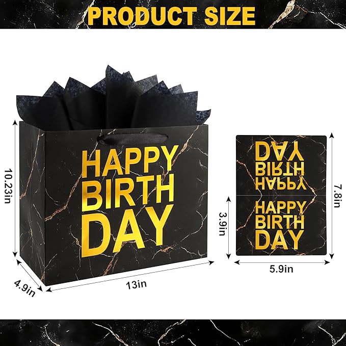 ASYEHJNR 13" Large Size Black Gold Birthday Gift Bag Marble with Metallic Gold Happy Birthday Sign Gift Bag with Greeting Card and Tissue Paper for Boy Men Bday Supplies