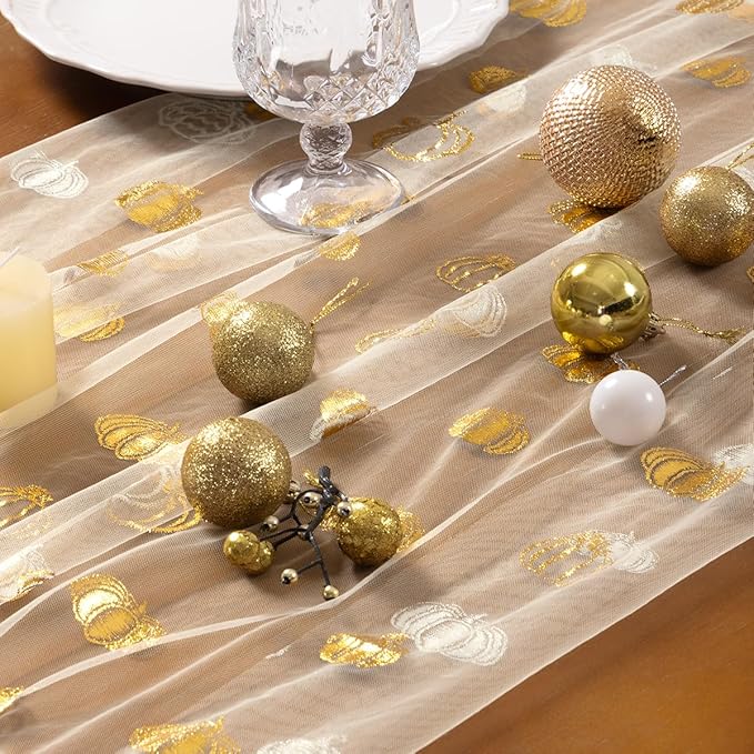 Socomi Gold Table Runner Fall Pumpkin Gauze Sheer Chiffon Cheesecloth Sequin 10FT Glitter Metallic Foil Dining Wedding Birthday Party Baby Shower Holiday Centerpiece Table Decor Beige