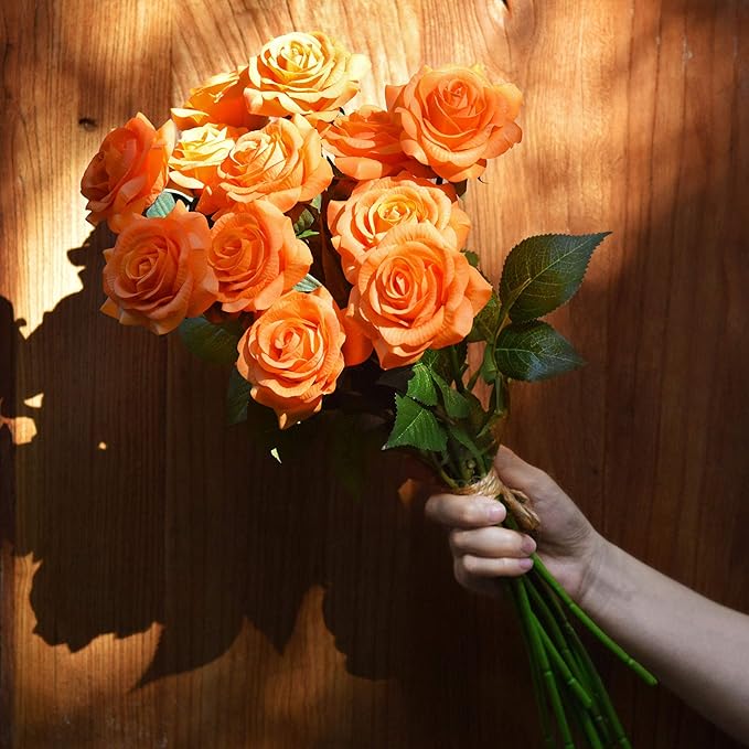 FiveSeasonStuff Silk Roses Artificial Flowers for Decoration, Home Decor Centerpiece for Tables, Wedding Bridal Bouquet of Flowers Real Touch Roses 12 Stems (Orange)