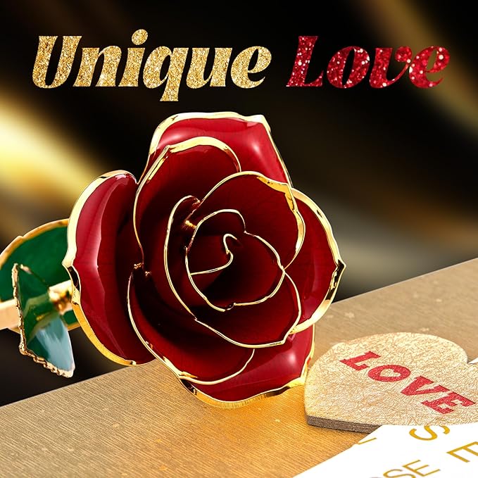 Mikasol Gold Dipped Real 24K Forever Preserved Rose, 1 Pack Infinity Flower Decor Hand Dipped Romantic Gift for Women in Her Wife Girlfriend Birthday Anniversary Valentines Mothers Day Christmas(Red)