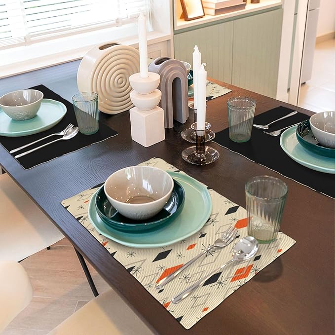 Mid Century Modern Placemats Set of 6,Kitchen Table Mats for Dining Outdoor Home Decor 12x18 Retro Place Mats 6 PCS, Style-16