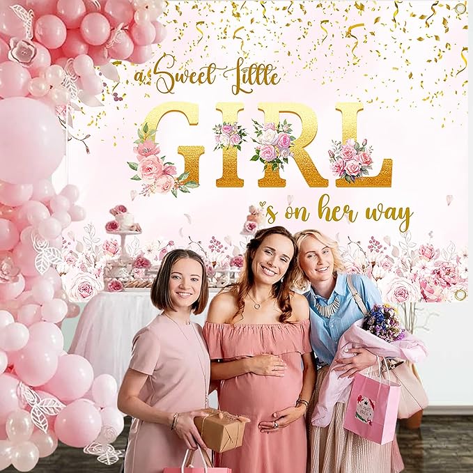Large 7 x 5ft Girl Baby Shower Backdrop Banner - Pink Floral Sweet Little Girl is on Her Way with 19.68ft (6m) Ribbon for Baby Shower Decorations, Photography & Party Backdrop