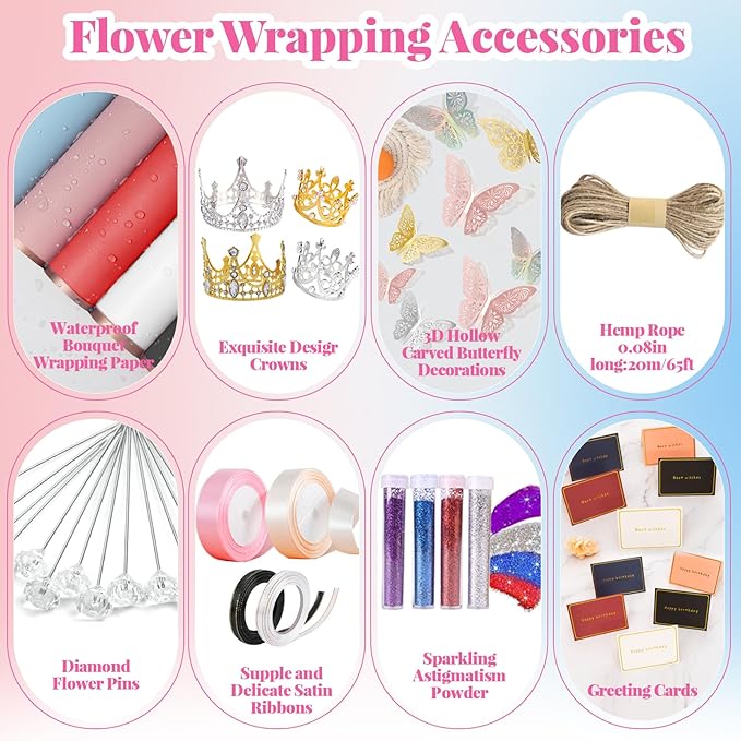 311Pcs Flower Wrapping Paper Kit with 100 Sheets Waterproof Floral Wrapping Paper 3D Butterfly Decor Crowns,Bouquet Pins Ribbons,DIY Crafts for Mother's Day Valentines Graduation Birthday Gift