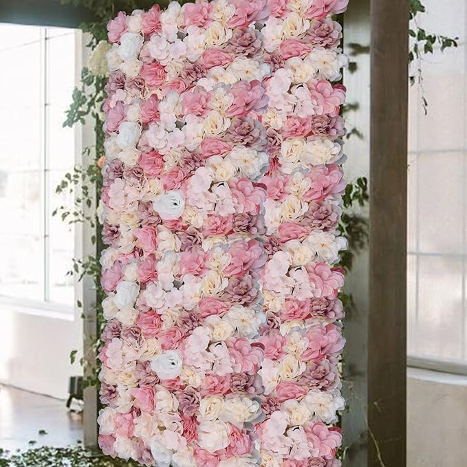 Flower Wall Panel Set, Artificial Wall Flower Backdrop,Artificial Flower Wall Mat Silk Rose Flower Panels,Hydrangea Rose Floral Panel for Party Wedding (12Pcs), LZ-290906