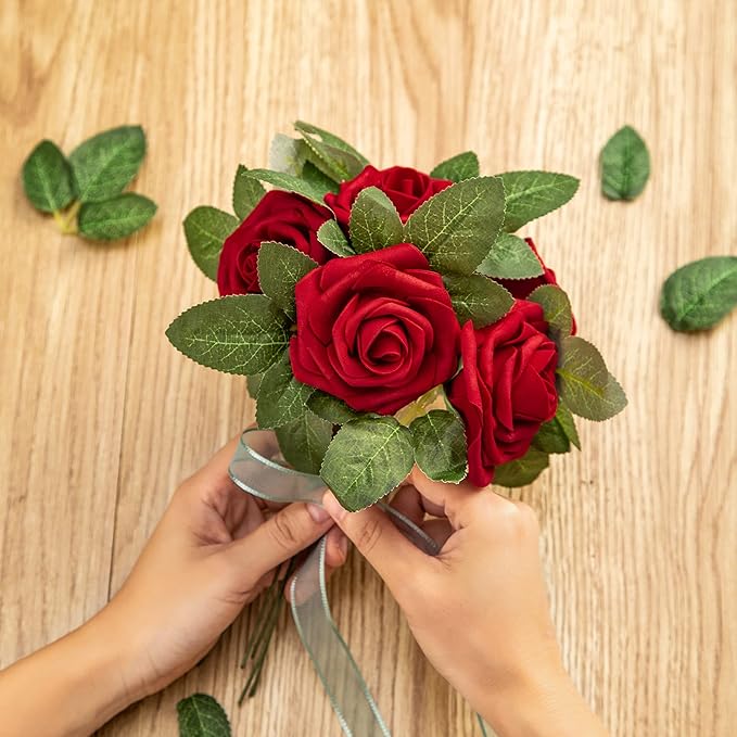 Artificial Flower Foam Rose 25pcs Real Looking Fake Rose with Stems Leaves for Home Decoration Party Garden Centerpieces DIY Wedding Bouquets（Dark Red）