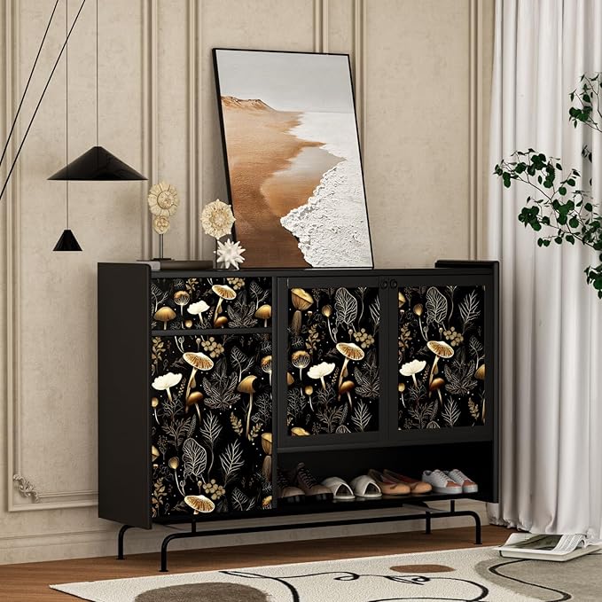 Boho Wallpaper Peel and Stick Dark Floral Contact Paper 17.5" x 393" Vinyl Self Adhesive Vintage Mushrooms Wall Mural Leaf Wall Paper for Room Countertop Drawer Decor(Golden,Black)