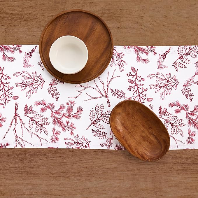 Solino Home 100% Pure Linen Christmas Table Runner 156 Inches Long - Red/White Table Runner 14 x 156 Inch - Handcrafted and Machine Washable - Winter Forest Print