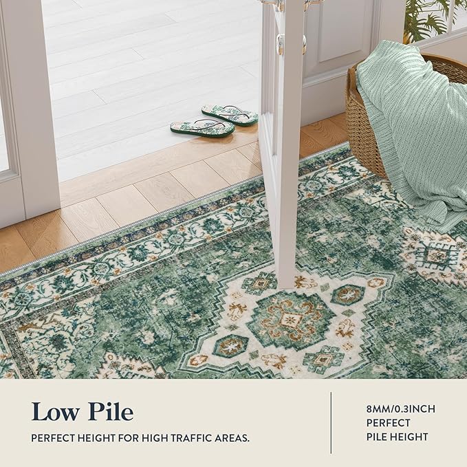 Lahome Oriental Machine Washable Rug, 3x5 Soft Green Rugs for Entryway Dorm, Non Slip Distressed Vintage Throw Carpet for Bedroom Living Room Entrance, Green/Multi