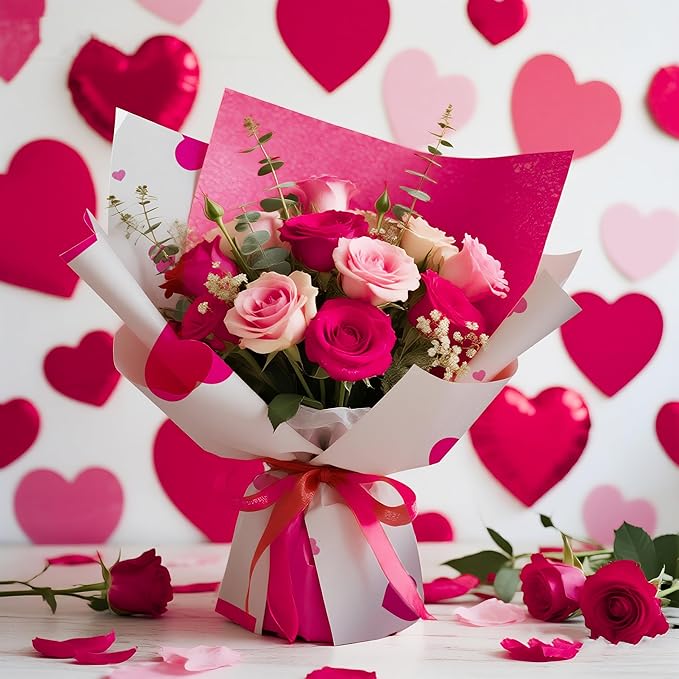 LeZakaa 20 Sheets Flower Wrapping Paper, Hot Pink Heart Design Waterproof Floral Bouquet Paper for Valentine's Day, Wedding, Anniversary Romantic Gift Packaging