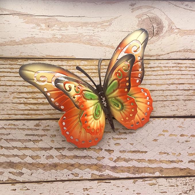 Metal Butterfly Outdoor Wall Decor- 6.5'' 3D Metal Colorful Hanging Double Wings Butterflies for Garden Yard Decoration Outdoor or Indoor Decor, Gifts for Mom Dad Friends (4 Pack)