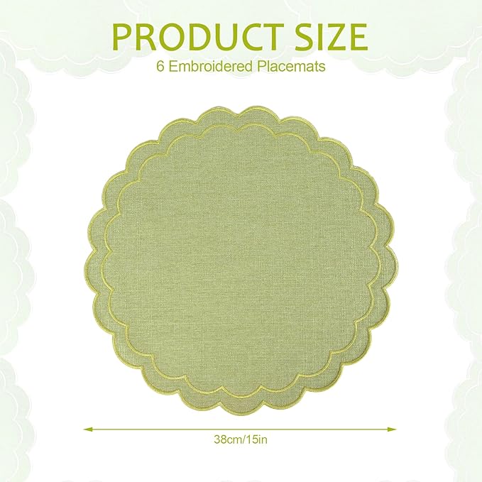 Set of 8 Cotton Linen Placemats, 15x15 Scalloped Flower Embroidery Cloth Table Mats Double Layered Fabric Machine Washable Wrinkle Free Dining Placemat for Hotel Restaurant Kitchen Decor, Green